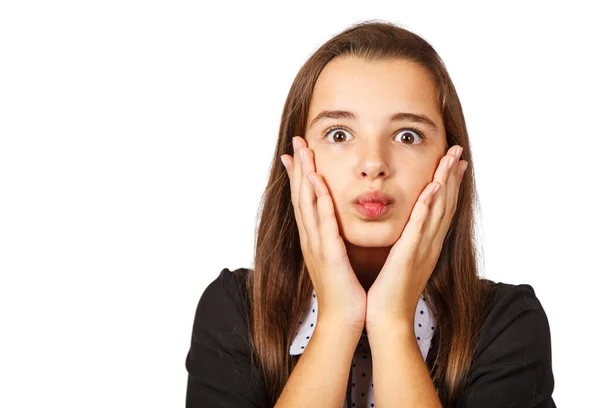 Überrascht Brünette Teenager Mädchen Bedeckt Ihren Mund Mit Händen Isoliert — Stockfoto