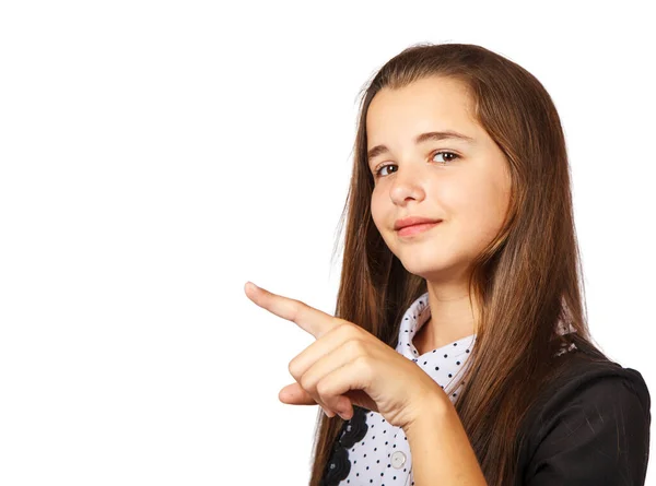 Positivo Bela Menina Adolescente Morena Com Cabelos Longos Apontando Para — Fotografia de Stock