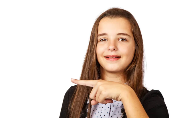 Positivo Bella Ragazza Adolescente Bruna Con Capelli Lunghi Che Punta — Foto Stock