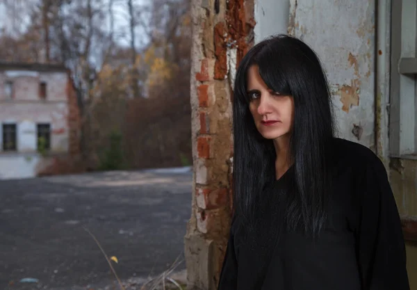 Portrait Young Goth Woman Abandoned Building Indoor Closeup — Stock Photo, Image