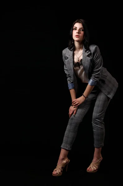 Young Beautiful Girl Business Suit Posing Standing Studio Black Background — Stock Photo, Image