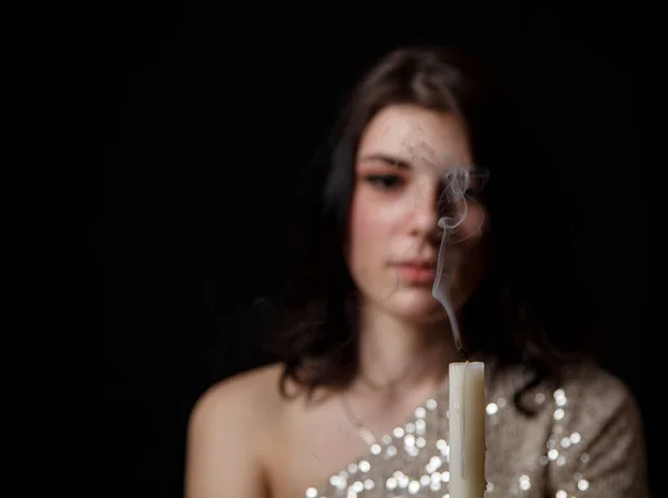 Young Beautiful Brunette Girl Bright Dress Holding Candle Studio Black — Stock Photo, Image