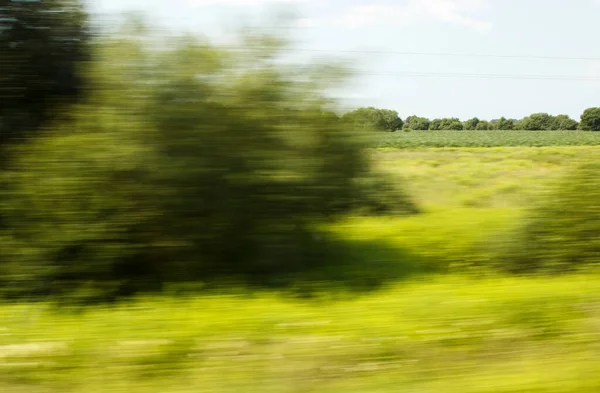 Vista Desde Ventana Tren Movimiento Rápido Día Verano —  Fotos de Stock