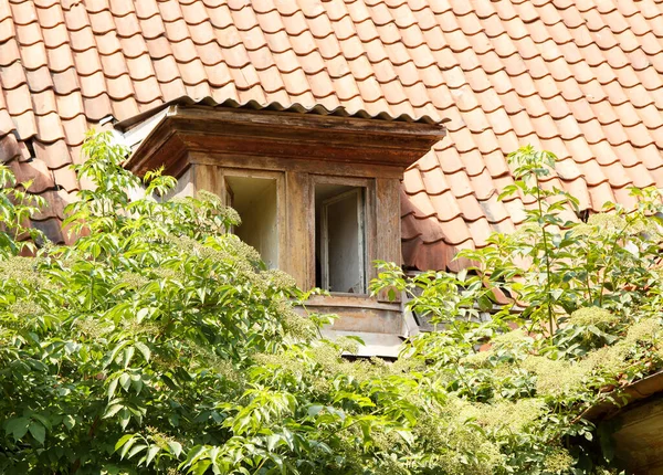 Şehir Caddesindeki Eski Terk Edilmiş Evin Penceresi Yaz Günü Kapanıyor — Stok fotoğraf