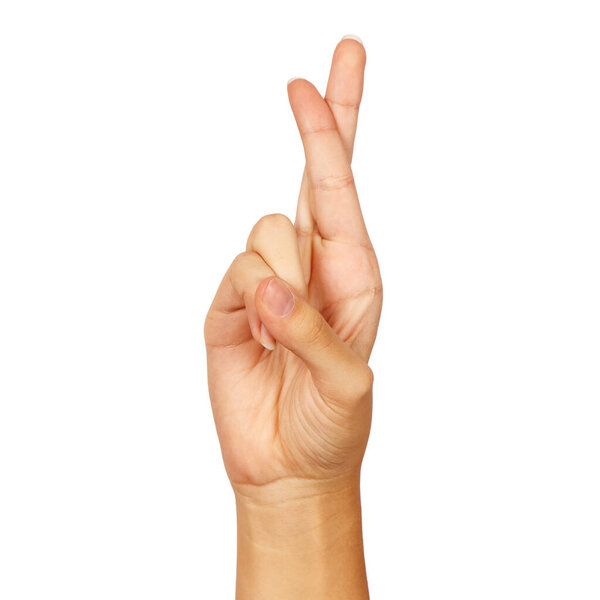 american sign language. female hand showing letter r. isolated on white background