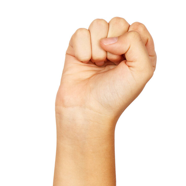 american sign language. female hand showing letter s. isolated on white background