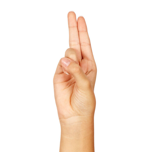 american sign language. female hand showing letter u. isolated on white background