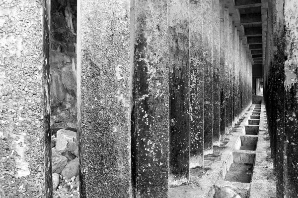 Corridor of concrete pillars black and white — Stock Photo, Image