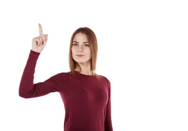 Girl points finger up — Stock Photo, Image