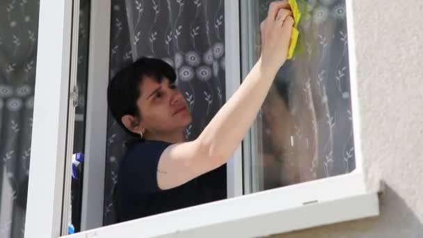 Mujer joven lavando la ventana — Vídeos de Stock