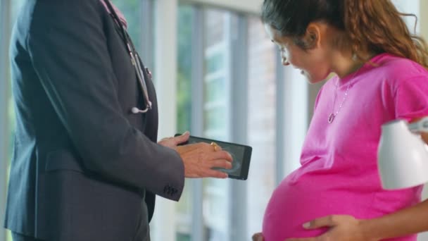 Врач показывает женщине сканирование ребенка — стоковое видео