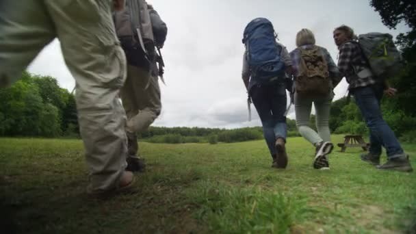 Amigos caminando por un sendero forestal — Vídeo de stock