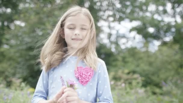 Chica recogiendo flores silvestres — Vídeo de stock