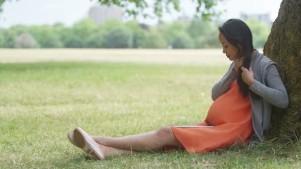 Femme enceinte se détendre avec une tablette d'ordinateur — Video