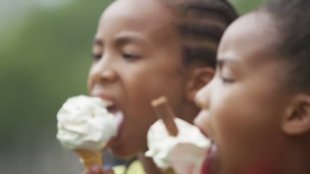 Брат и сестра наслаждаются мороженым — стоковое видео