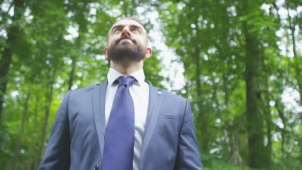 Businessman standing in the woods — Stock Video