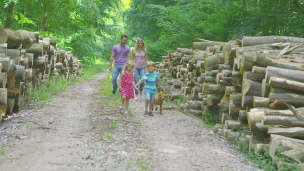 Familia con cachorro a lo largo del camino forestal — Vídeos de Stock