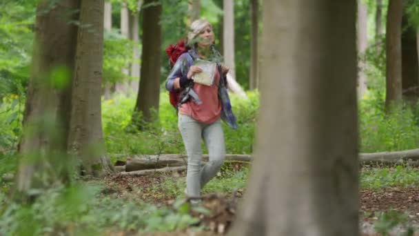 Frau wandert im Wald — Stockvideo