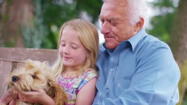 Grand-père et petite-fille avec chien — Video