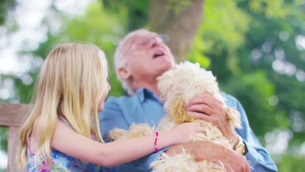 Farfar och barnbarn med hund — Stockvideo