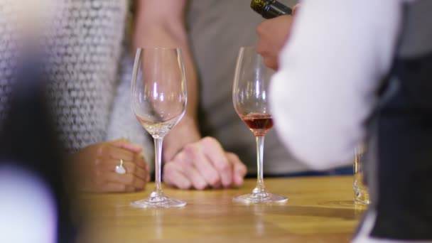 Pareja disfrutando de una sesión de degustación en la tienda de vinos — Vídeo de stock