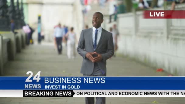 News reporter doing live piece to camera — Stock Video