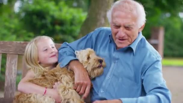 Grandfather and granddaughter with dog — Stock Video