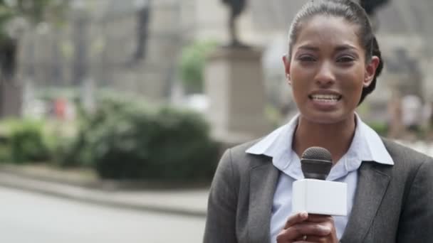 News reporter doing live piece to camera — Stock Video