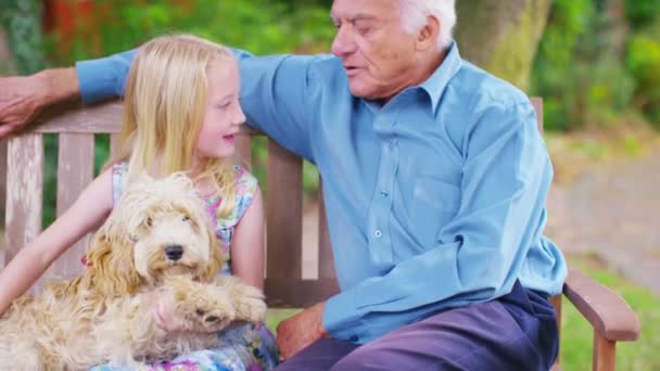 Дедушка и внучка с собакой — стоковое видео