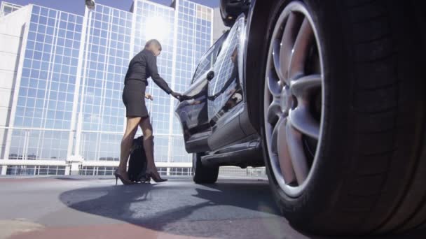 Businesswoman loading suitcase into car — Stock Video