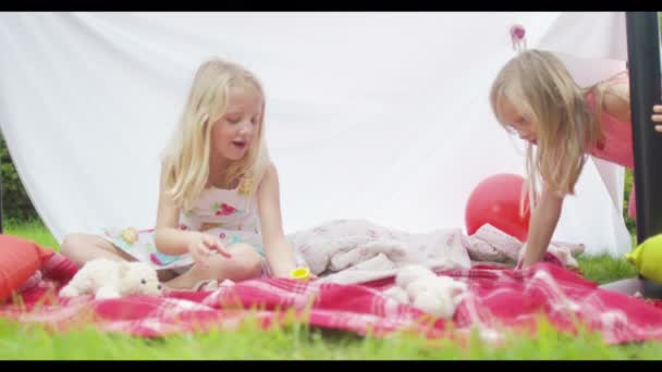 Meninas fazendo uma festa de chá com brinquedos — Vídeo de Stock