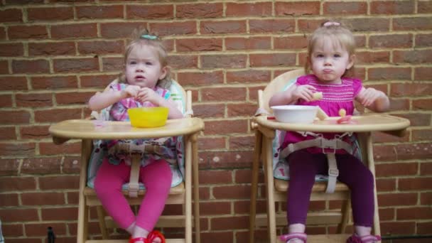 Близнецы-малыши едят закуски — стоковое видео