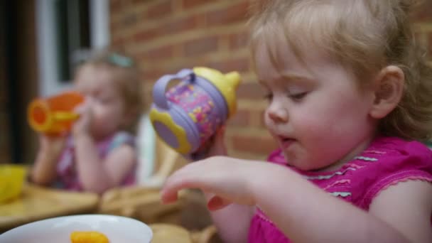 Toddler twins in high chairs eating — Stock Video