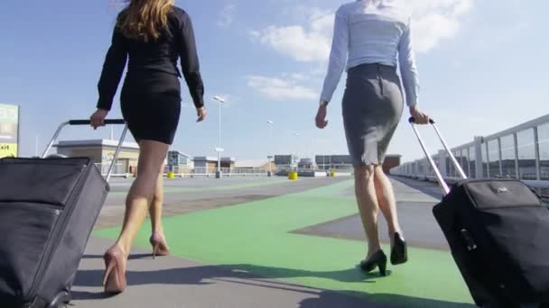 Γυναίκες επιχειρηματίες περπάτημα με αποσκευών στο αεροδρόμιο — Αρχείο Βίντεο