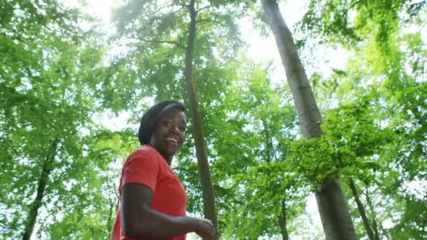 Wandelende vrouw in het bos — Stockvideo