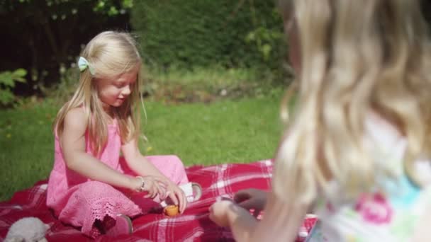 Meninas fazendo uma festa de chá com brinquedos — Vídeo de Stock