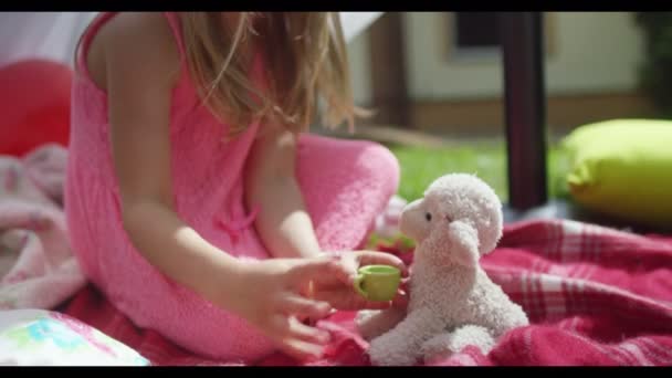 Meninas fazendo uma festa de chá com brinquedos — Vídeo de Stock