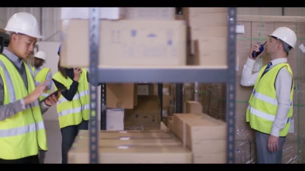 Рабочие, готовящие товары для отправки — стоковое видео
