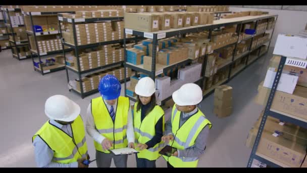 Management team in industrial warehouse — Stock Video