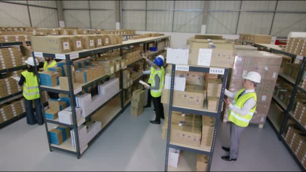 Worker with colleagues in industrial warehouse — Stock Video