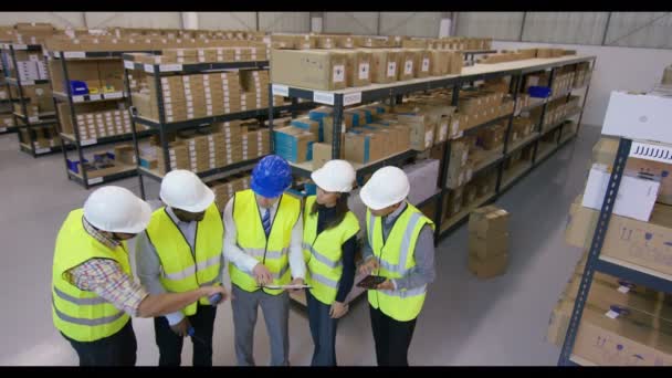 Equipe de gestão em armazém industrial — Vídeo de Stock