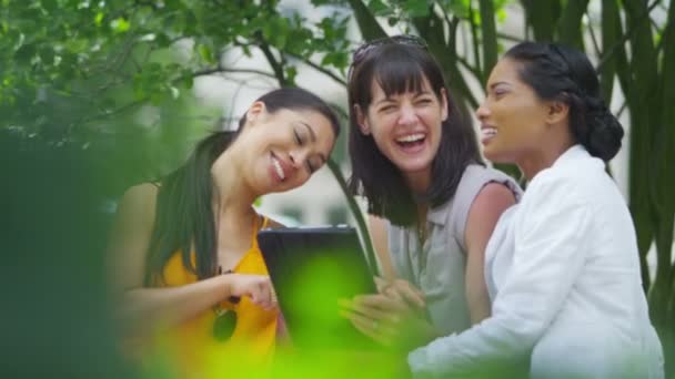 Amigos do sexo feminino usando computador tablet — Vídeo de Stock