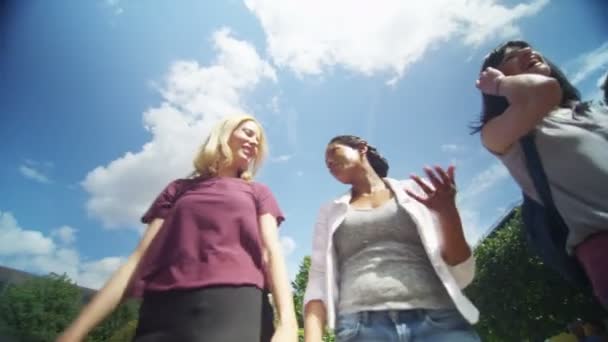 Подруги общаются на открытом воздухе — стоковое видео
