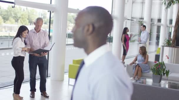 Homme d'affaires souriant dans un immeuble de bureaux — Video