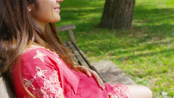 Беременная женщина отдыхает в парке — стоковое видео