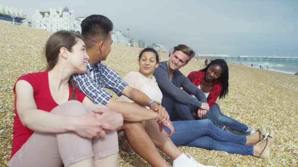 Freunde hängen am Strand herum — Stockvideo