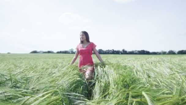 femme marchant à travers l'herbe longue  