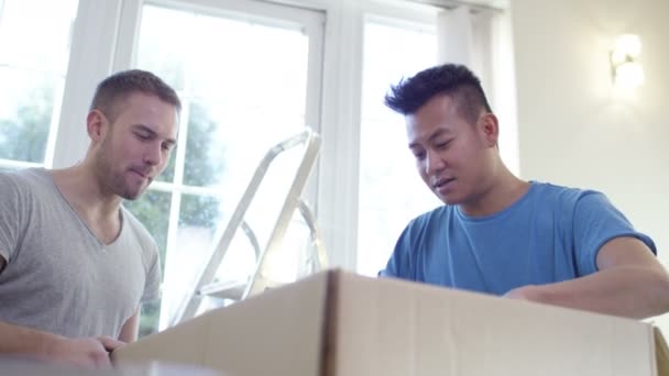 Гей пара распаковывает коробки — стоковое видео