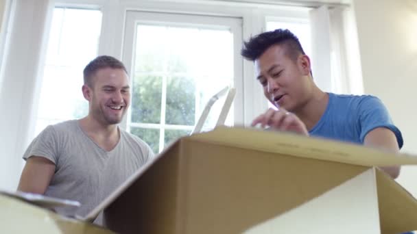 Гей пара распаковывает коробки — стоковое видео