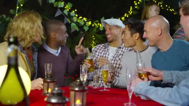 Masculino amigos levantar bebidas para um brinde — Vídeo de Stock